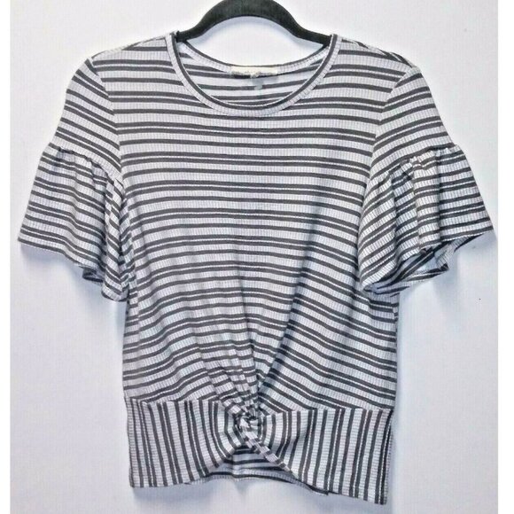 Pullover crop-top textured stretch Sz S striped sage green cream knit ruffled - Picture 1 of 7